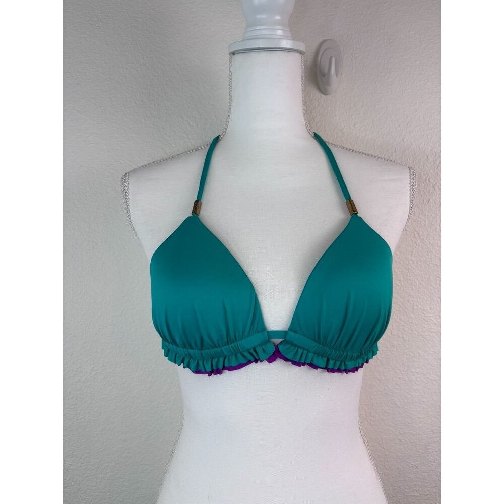 A. Che women's medium teal green purple ruffle triangle halter tie bikini top‎